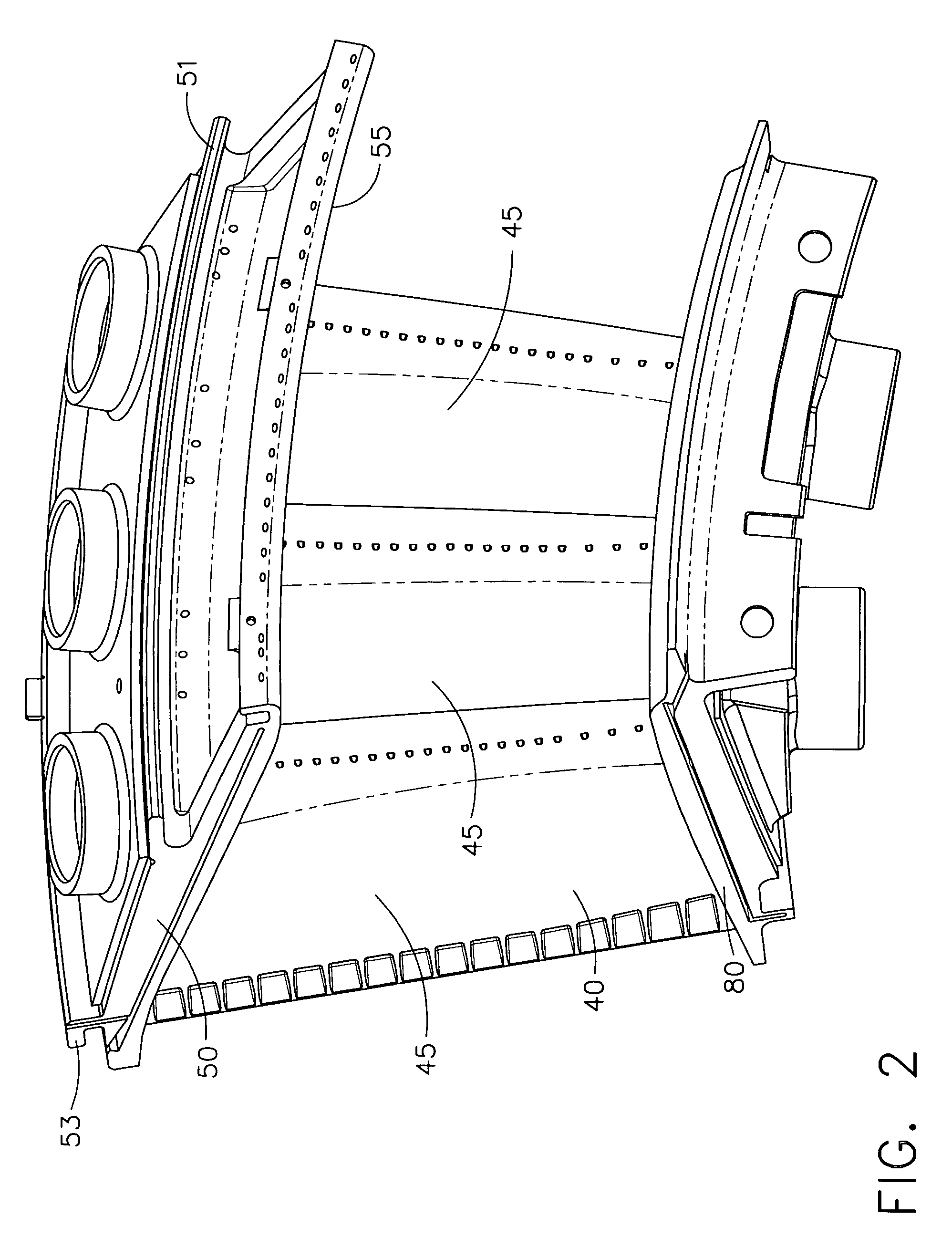 Cantilevered nozzle with crowned flange to improve outer band low cycle fatigue