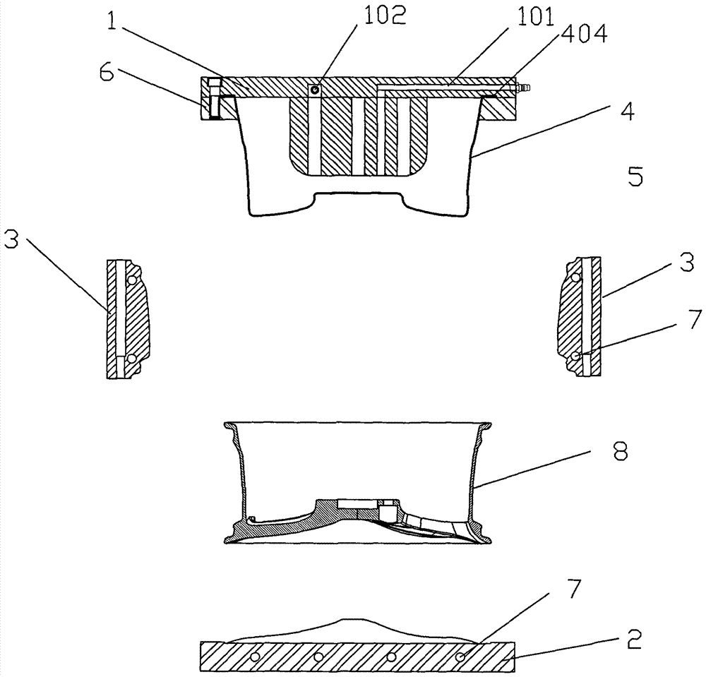 A mold structure for solidification and molding of carbon fiber automobile wheel hub blanks and a method for making products with the mold