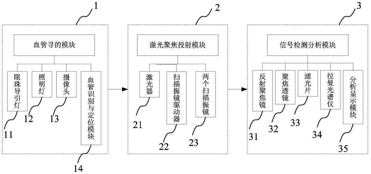 Non-destructive blood glucose detector and detection method based on eye vessel blood Raman scattering