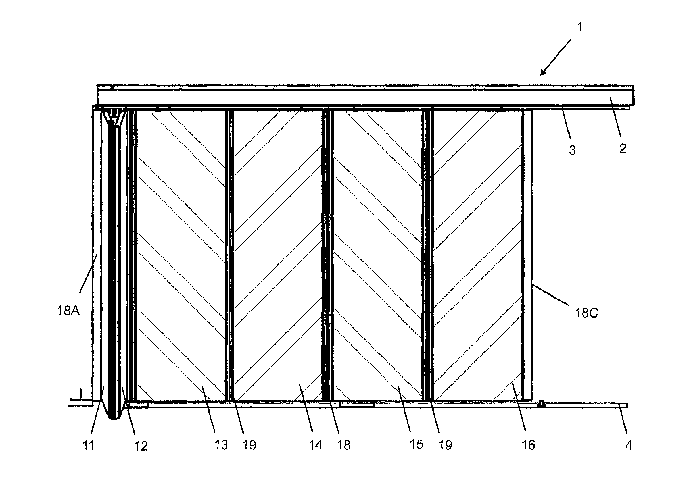 Foldable sliding wall and carriage