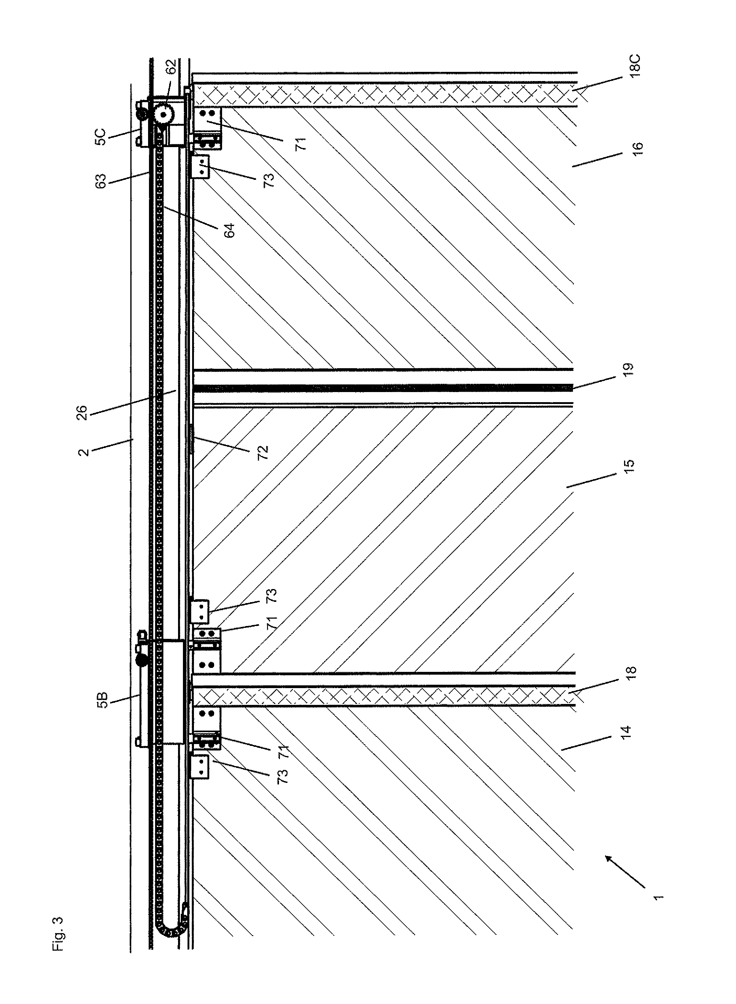 Foldable sliding wall and carriage