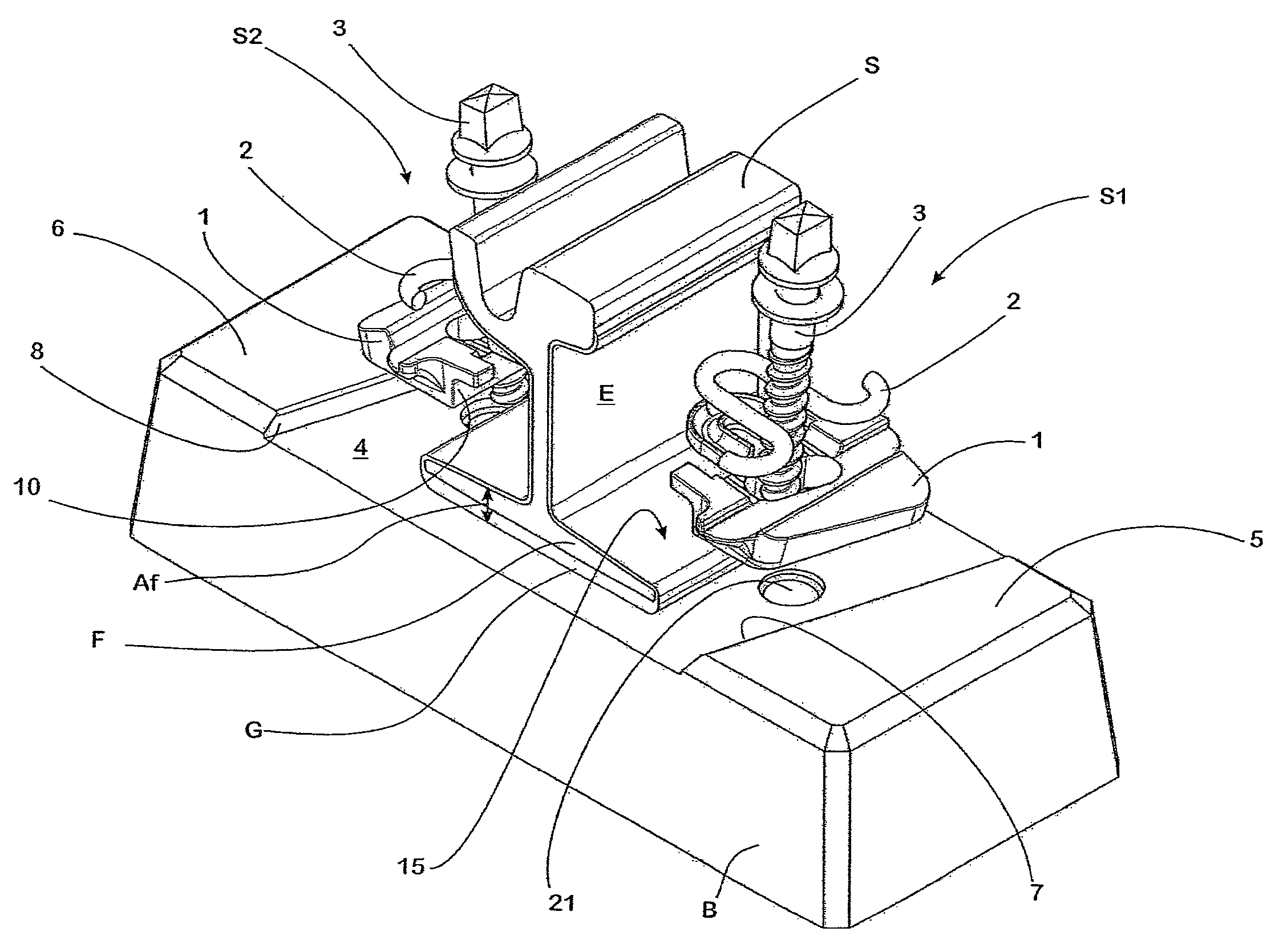 System for fastening a rail in place and fastening for a rail