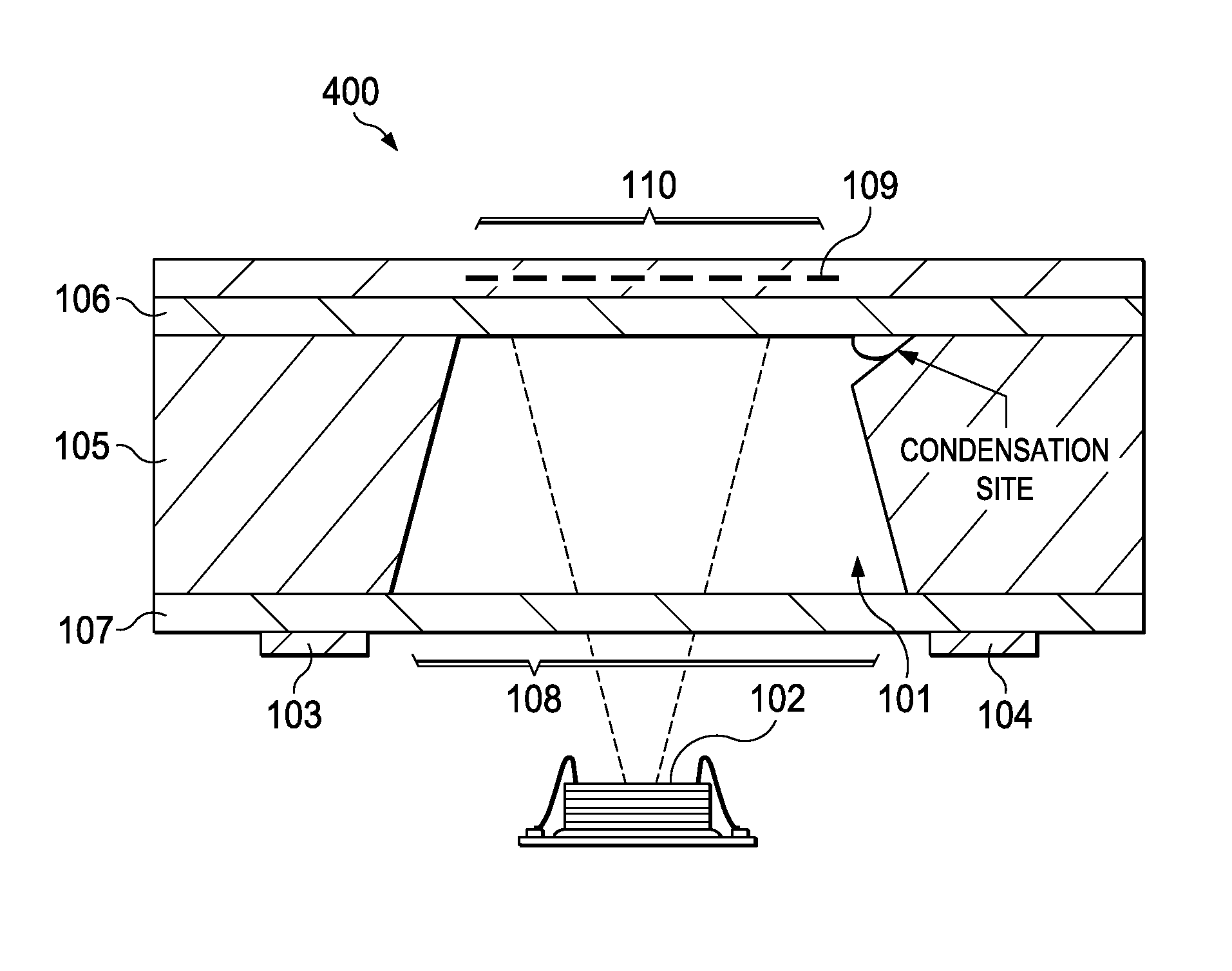 Atomic clocks and magnetometers with vapor cells having condensation sites in fluid communication with a cavity to hold a vapor condensation away from an optical path