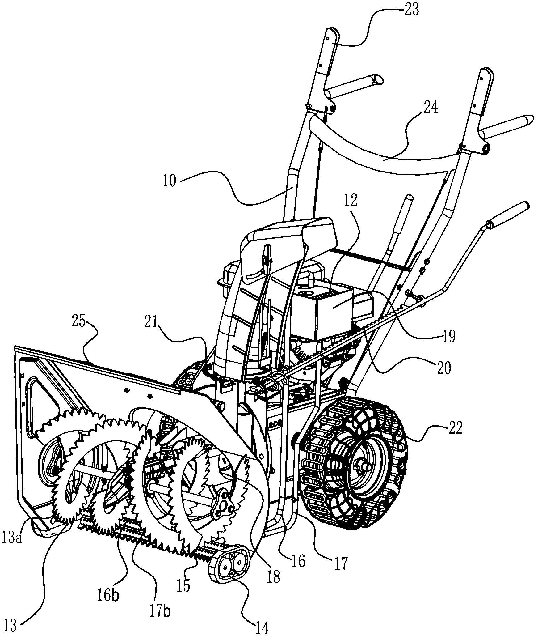 Snow plough with antiskid chains, ice tooth and snow brush auger, heat transfer steam tank and front exhaust pipe