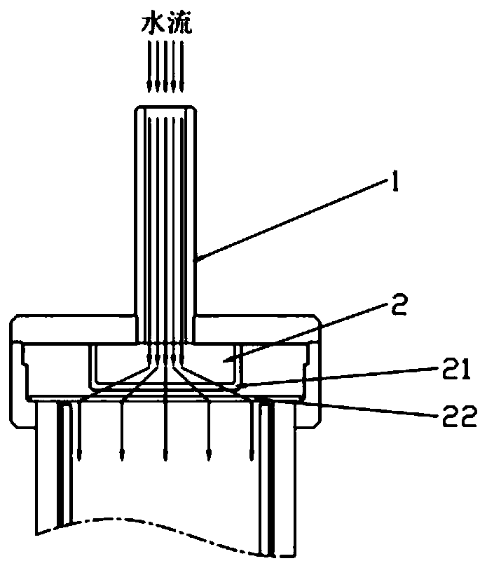 Flowing-through type water sterilizing device and water purifying facility