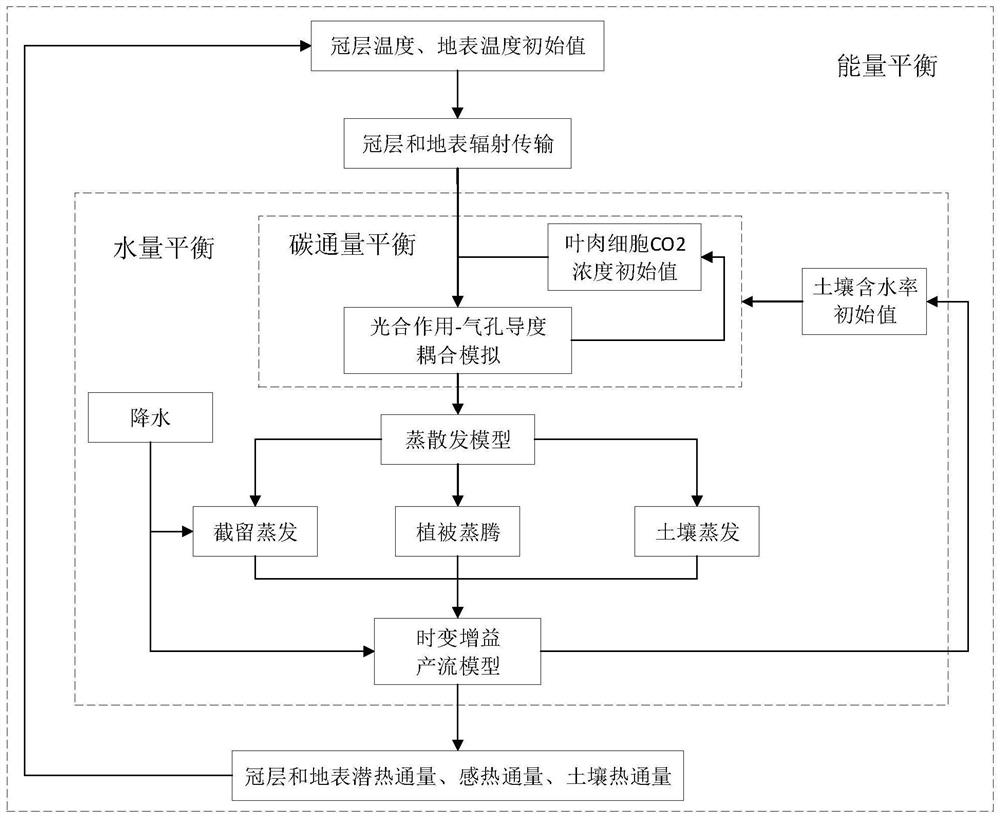 Time-varying gain model-based water, energy and carbon coupling numerical simulation method and system