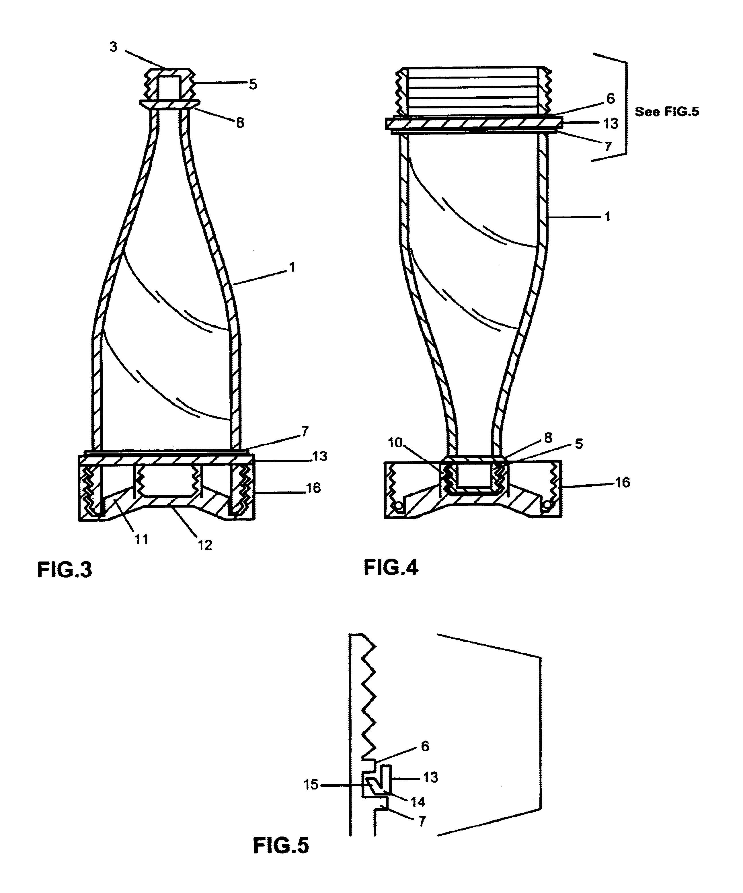 Container with large open end and opposed closed smaller end, and concave end cap with detachable closure and inner threaded openings for both ends of container