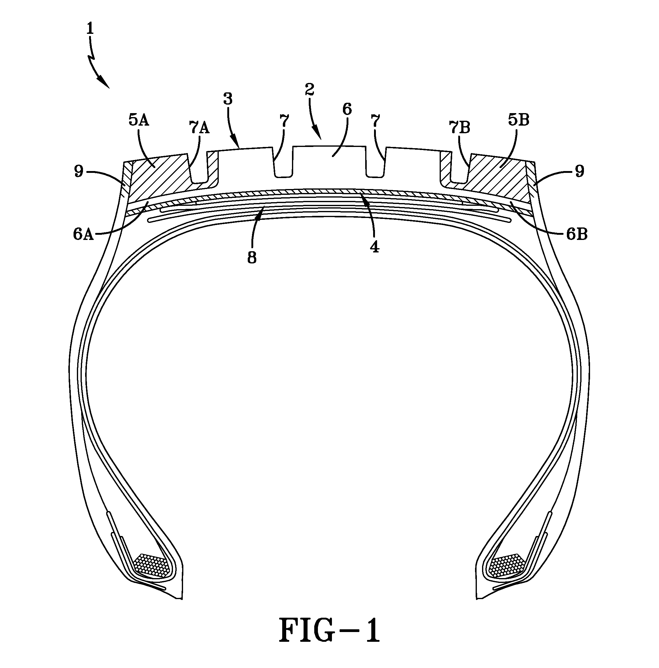 Tire with rubber tread of intermedial and lateral zones with periperial sidewall extensions