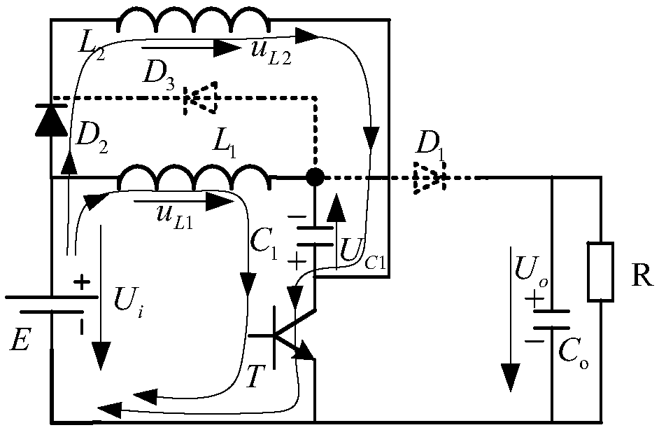 Single-transistor high-gain DC voltage boost conversion circuit with additional potential excitation