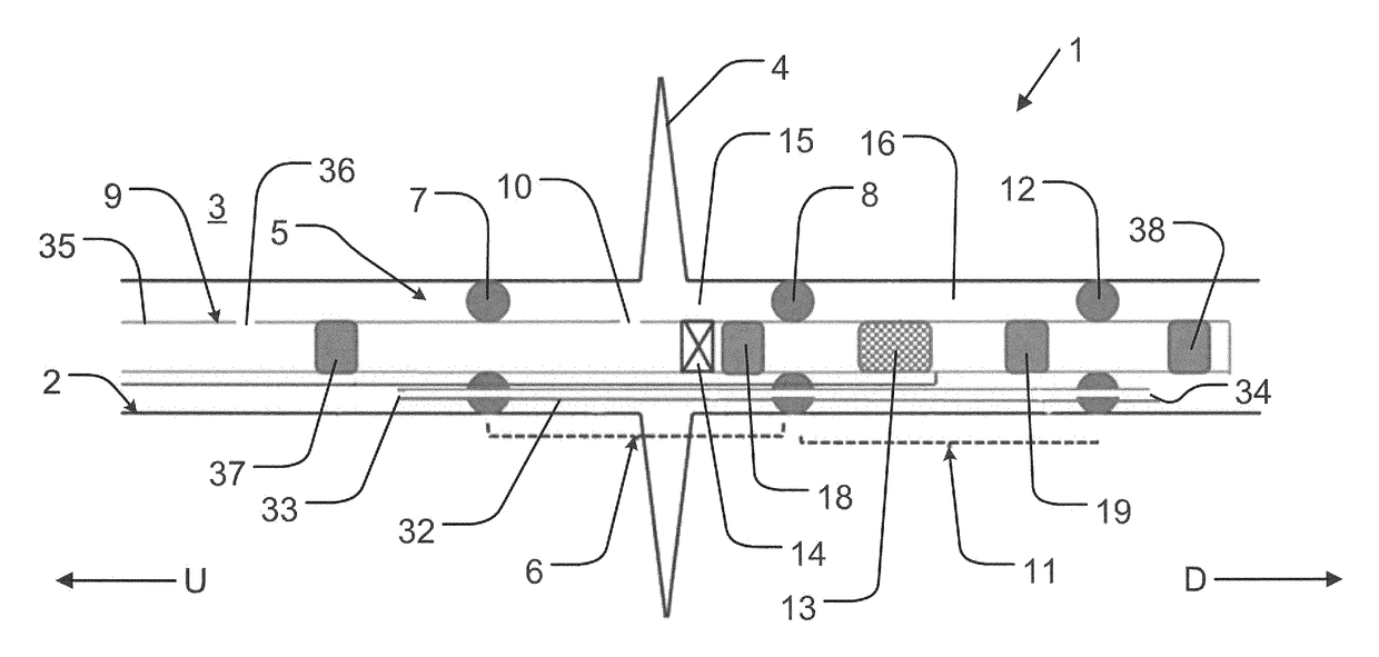 Sealing device and method for sealing fractures or leaks in wall or formation surrounding tube-shaped channel