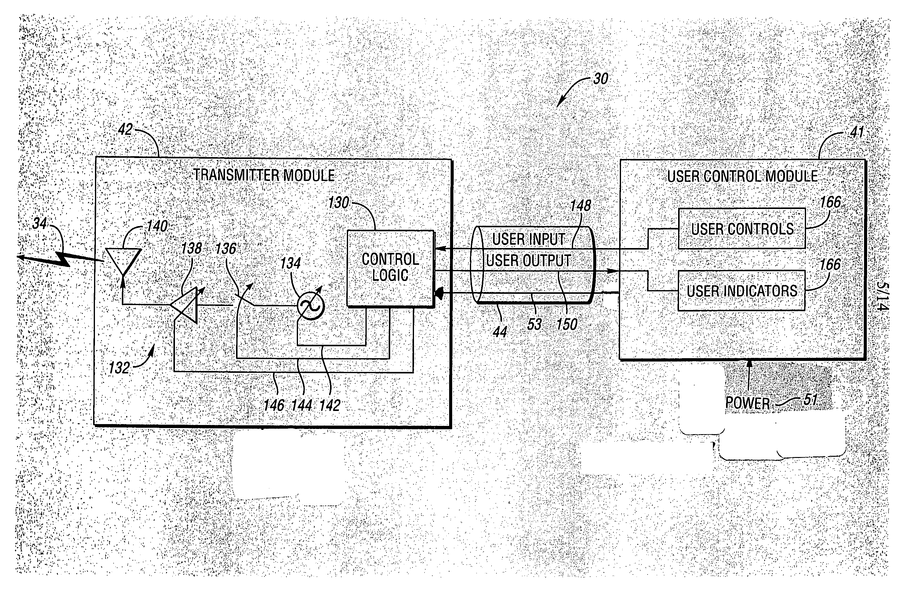 Appliance remote control having separated user control and transmitter modules remotely located from and directly connected to one another