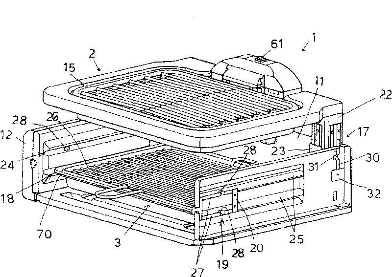 Combined food cooking device and process