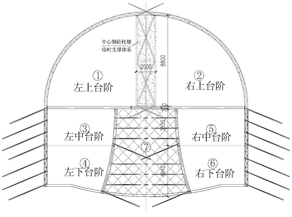 Construction technology of step temporary support and partial double side walls