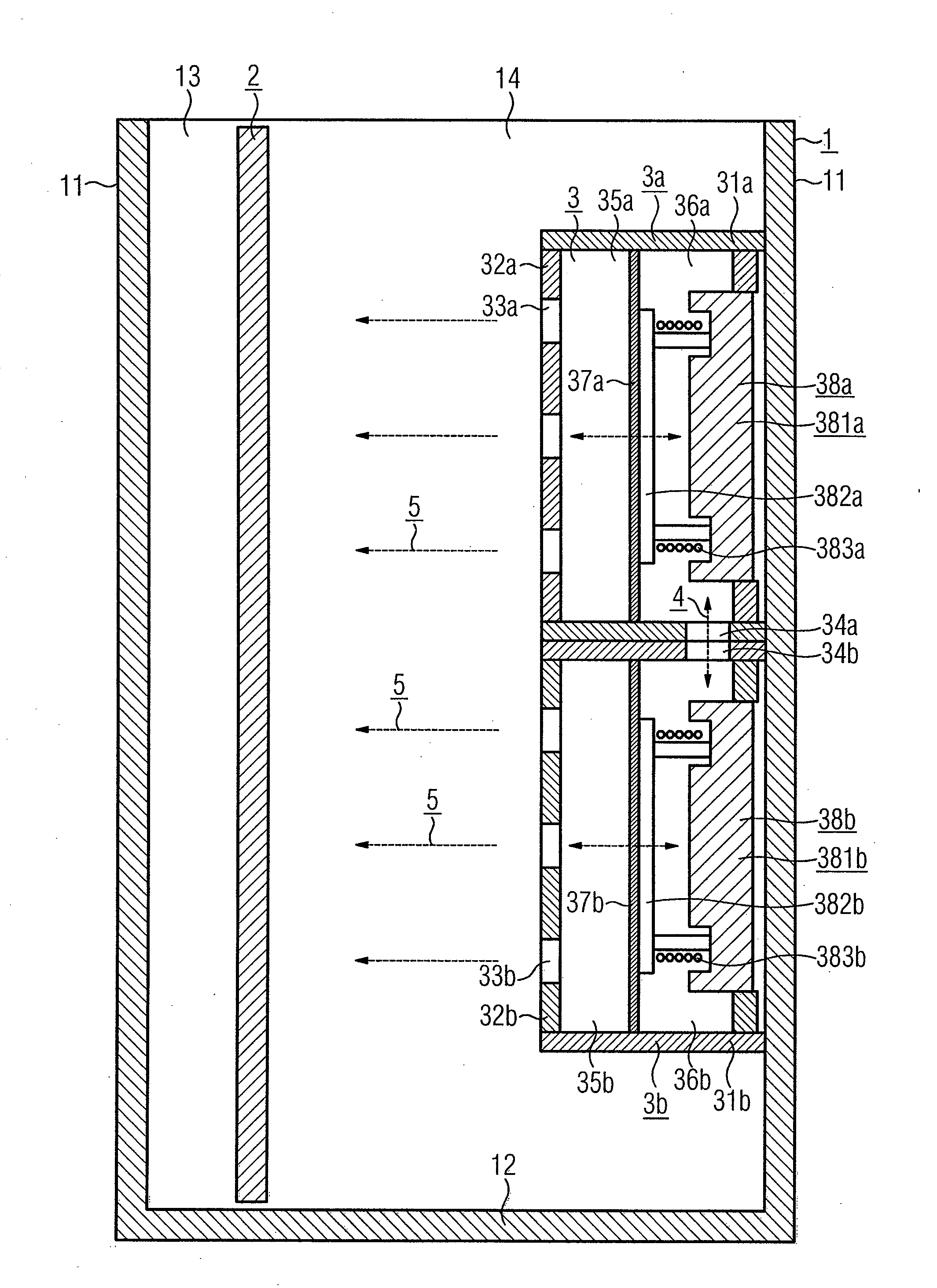 Oscillating diaphragm fan having coupled subunits and a housing having an oscillating diaphragm fan of this type