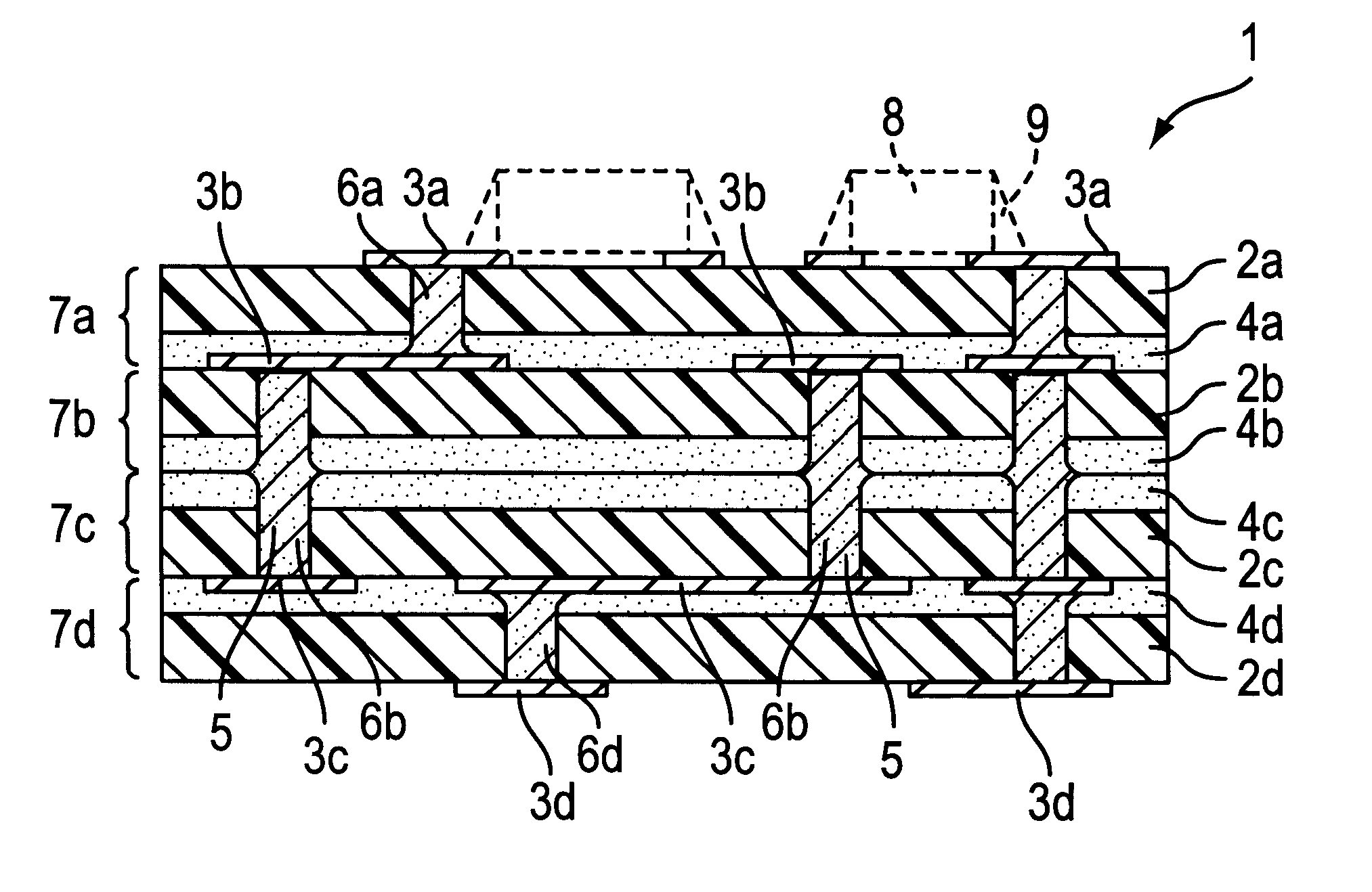 One-sided circuit board for multi-layer printed wiring board, multi-layer printed wiring board, and method of its production