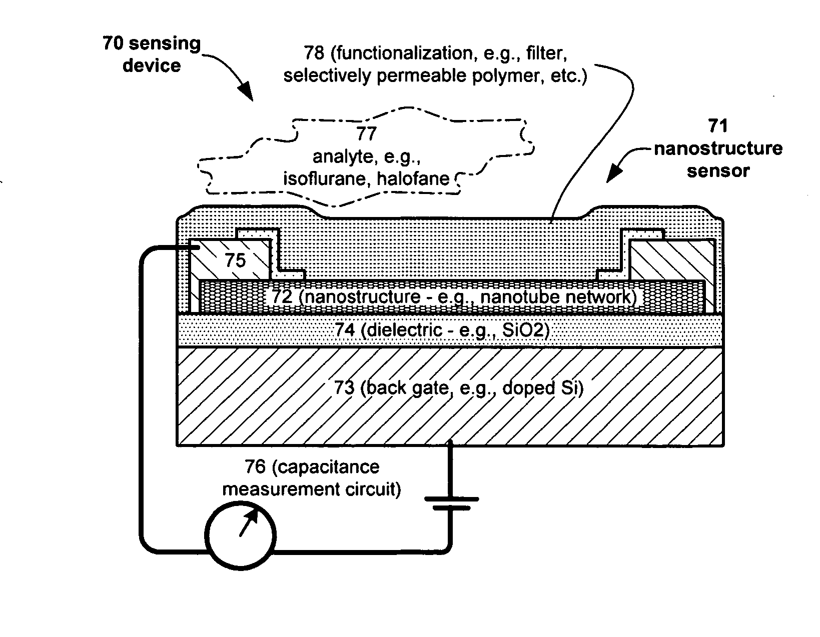 Nano-electronic sensors for chemical and biological analytes, including capacitance and bio-membrane devices