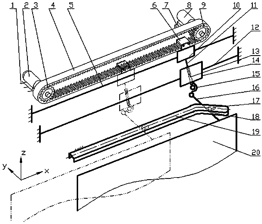 Tooth strap, double-shaft rocking rod and guide rod, and groove-shaped cam combined spatial mechanism of sliding plug door