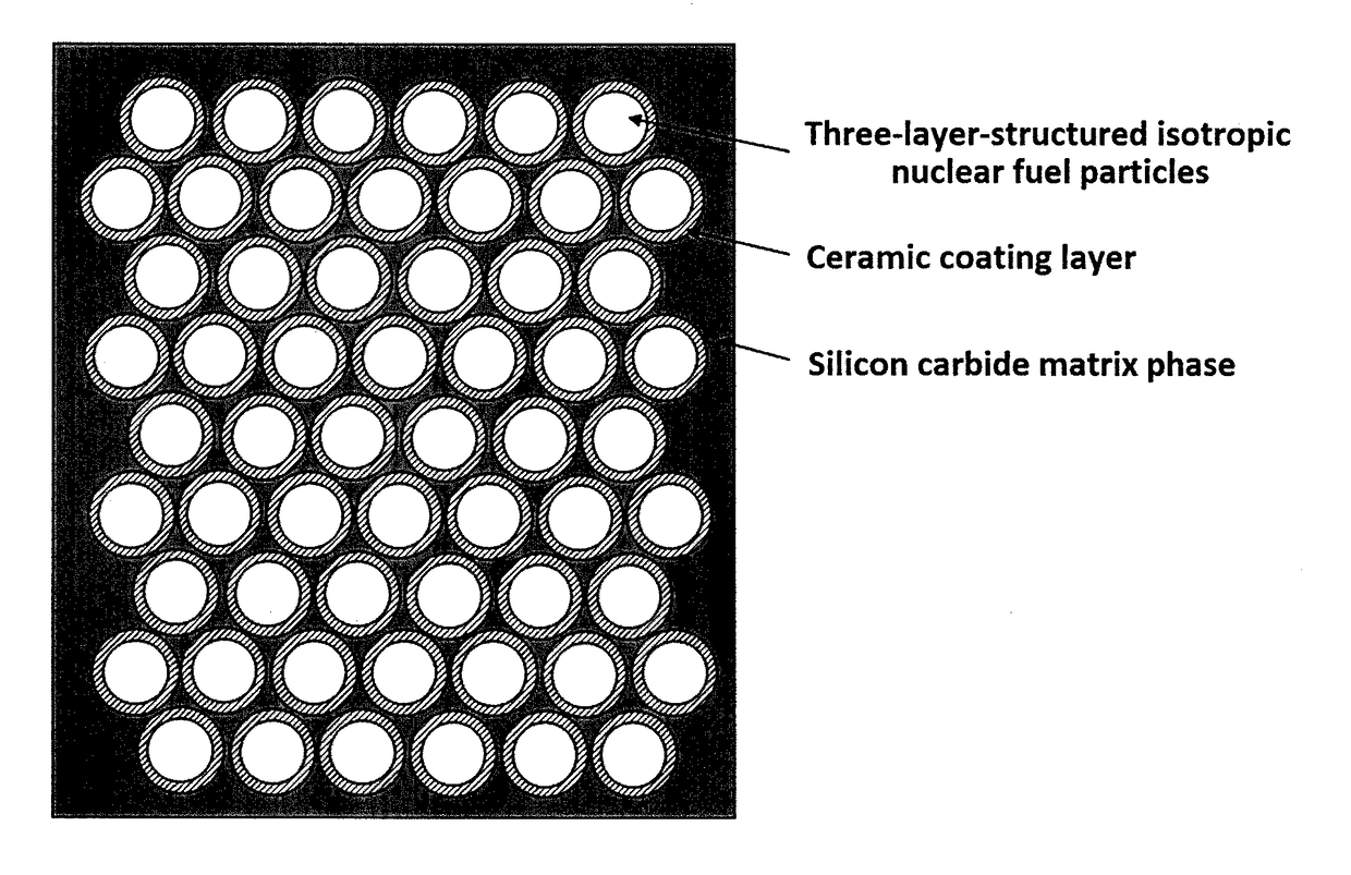 Fully ceramic capsulated nuclear fuel composition containing three-layer-structured isotropic nuclear fuel particles with coating layer having higher shrinkage than matrix, material thereof and method for preparing the same