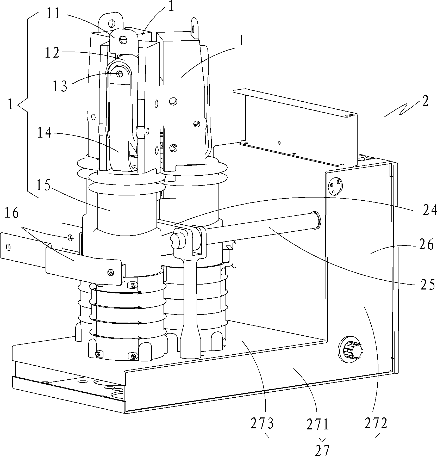 High-voltage switch with three-phase bodies in triangular distribution and high-voltage switch cabinet