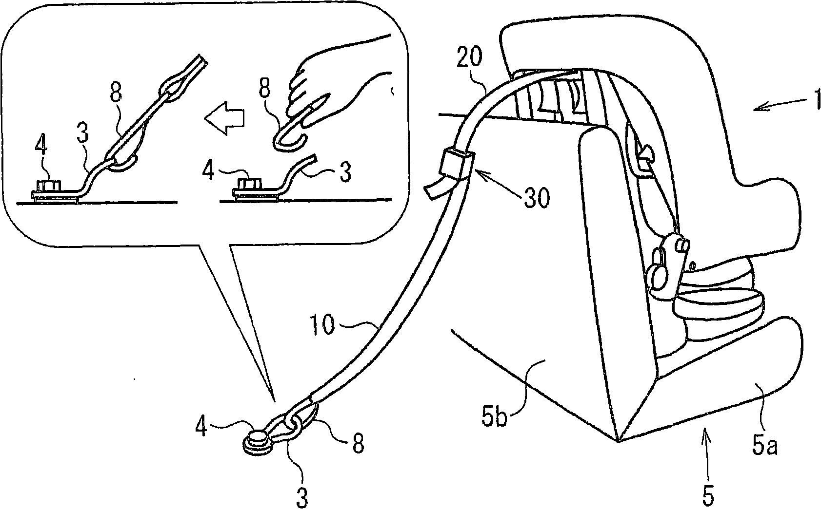 Child seat anchoring device and child seat