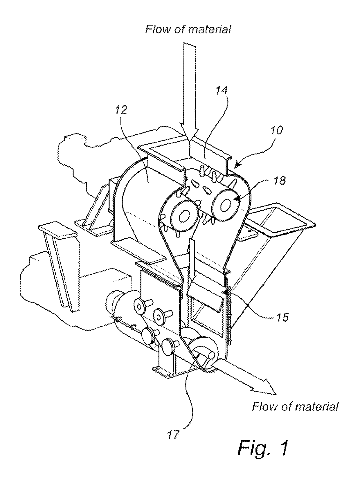 Arrangement and system for feeding biomass material to a treatment process