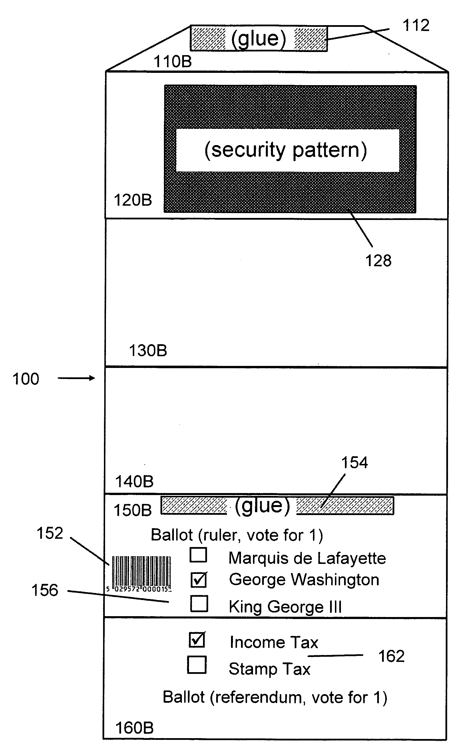 Integrated ballot and voting envelope with voter verification security