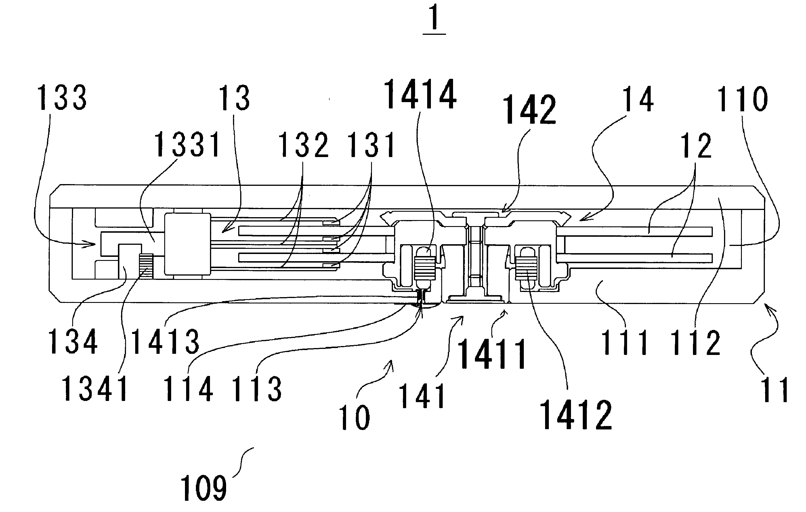 Lead wire sealing device, recording disk drive, and method for sealing housing member