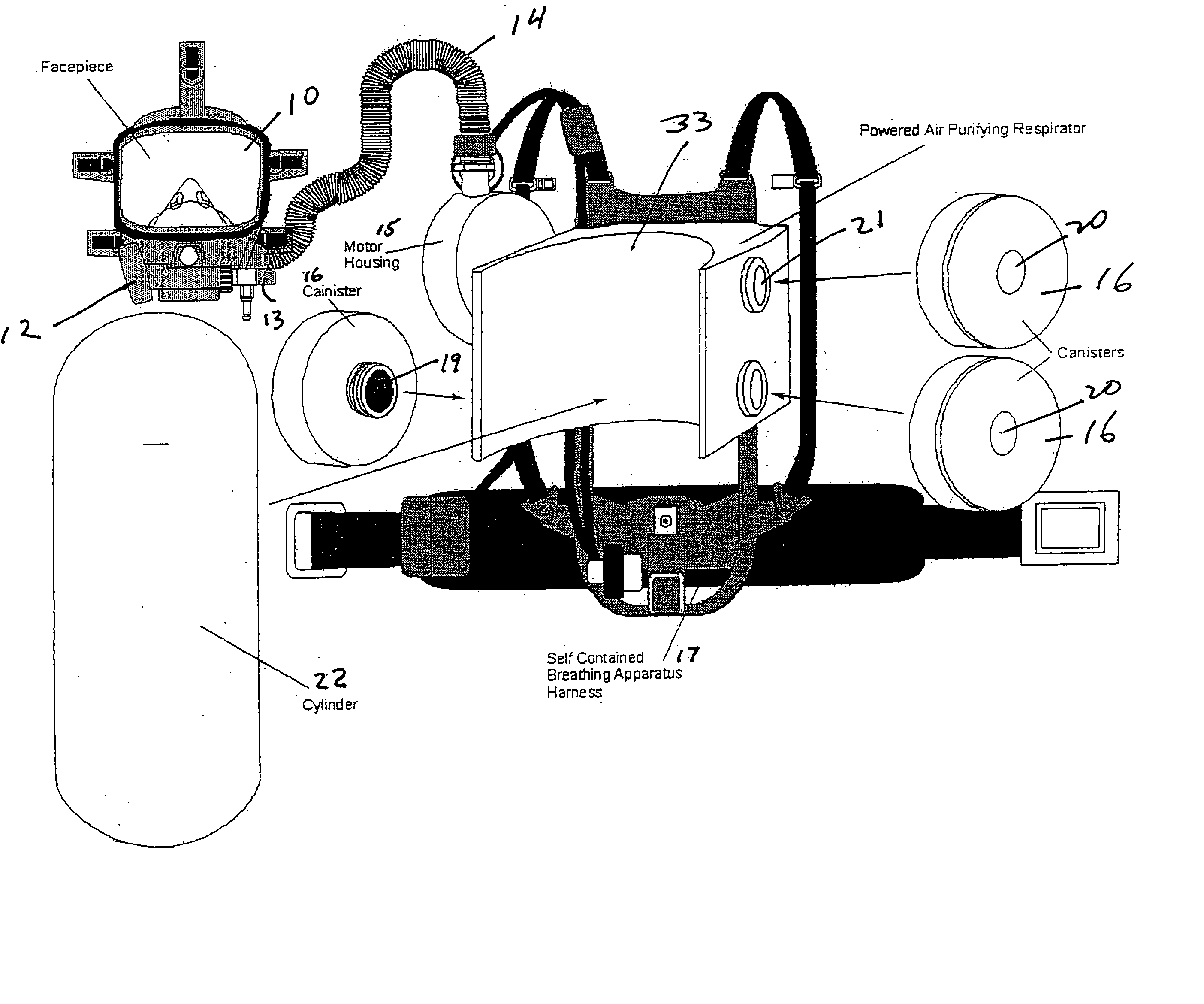 Powered air purifying respirator system and self contained breathing apparatus