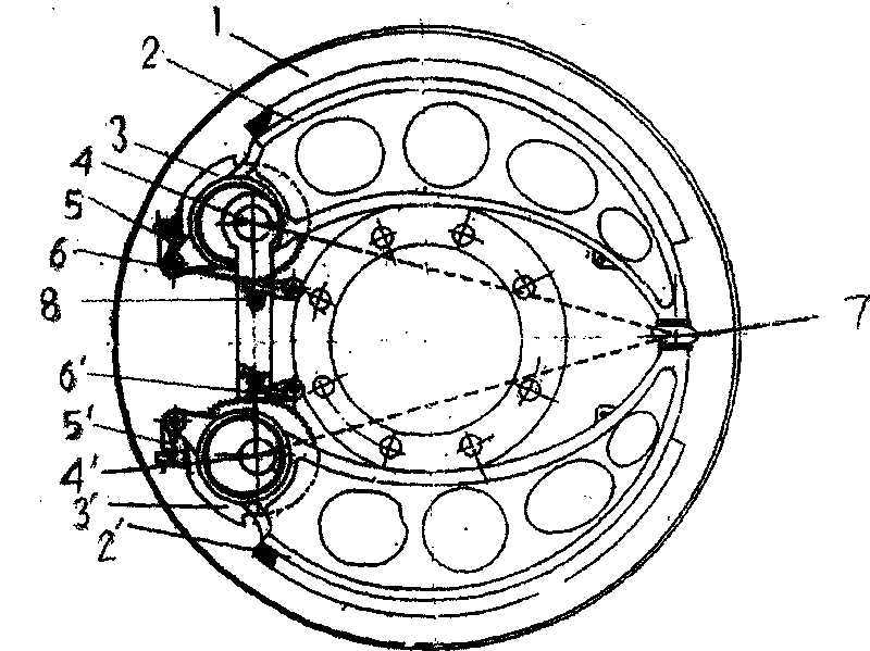 Three-force point side-positioned drum type clearance independent spacing self-regulating instantaneous centre brake