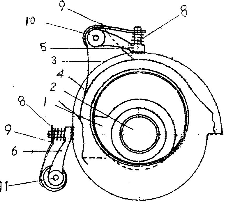 Three-force point side-positioned drum type clearance independent spacing self-regulating instantaneous centre brake