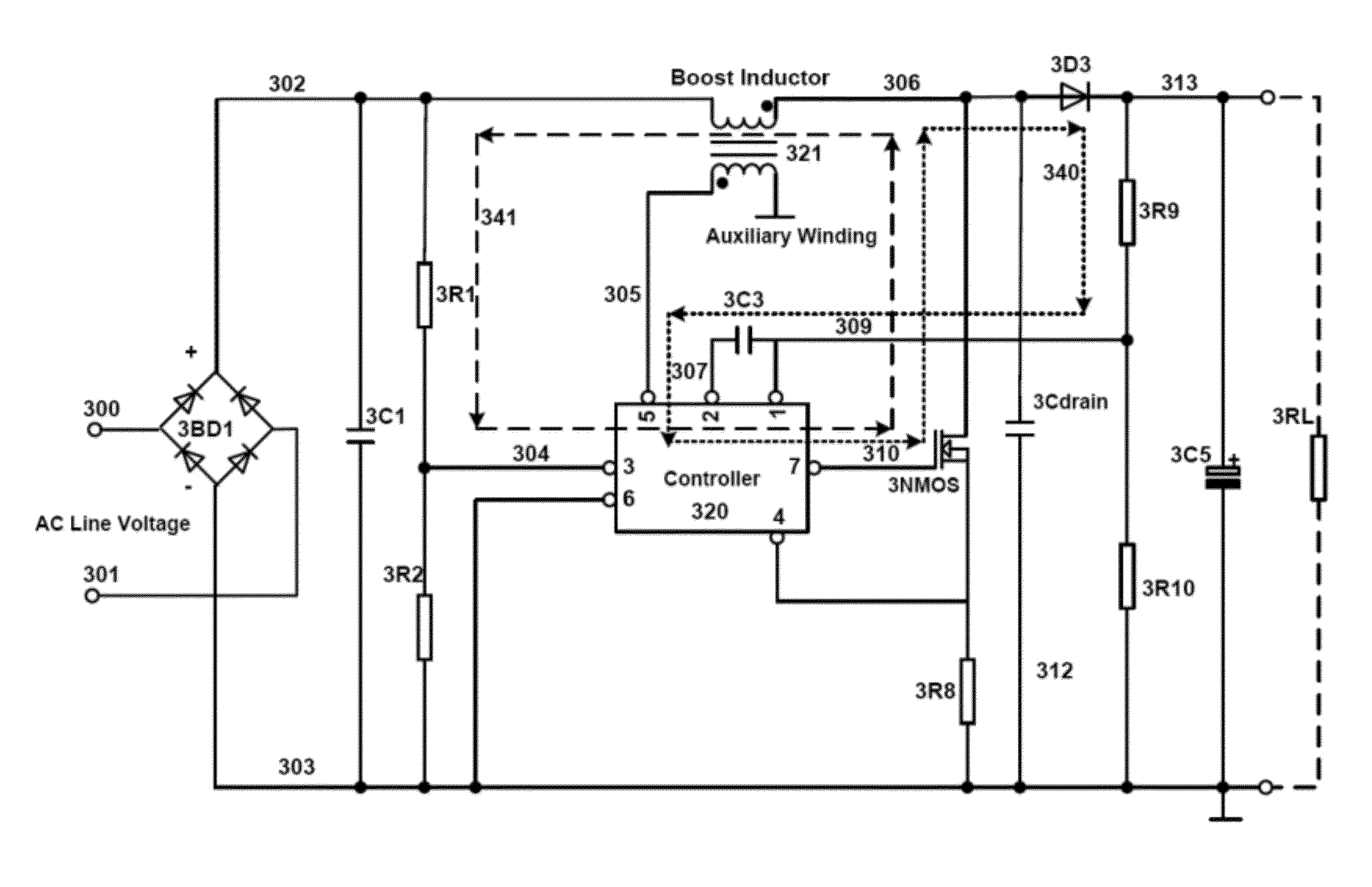 Transition mode power factor correction device with built-in automatic total harmonic distortion reduction feature