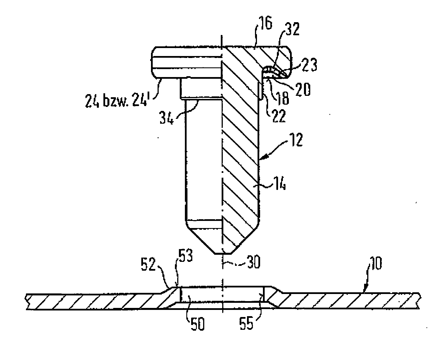 Element attachable by riveting to a sheet metal part and also a component assembly and a method for the production of the component assembly