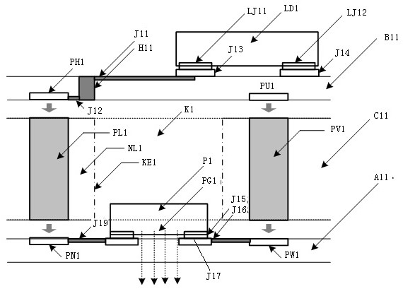 High-density small-spacing LED module with graphic hollow interlayer, display and method