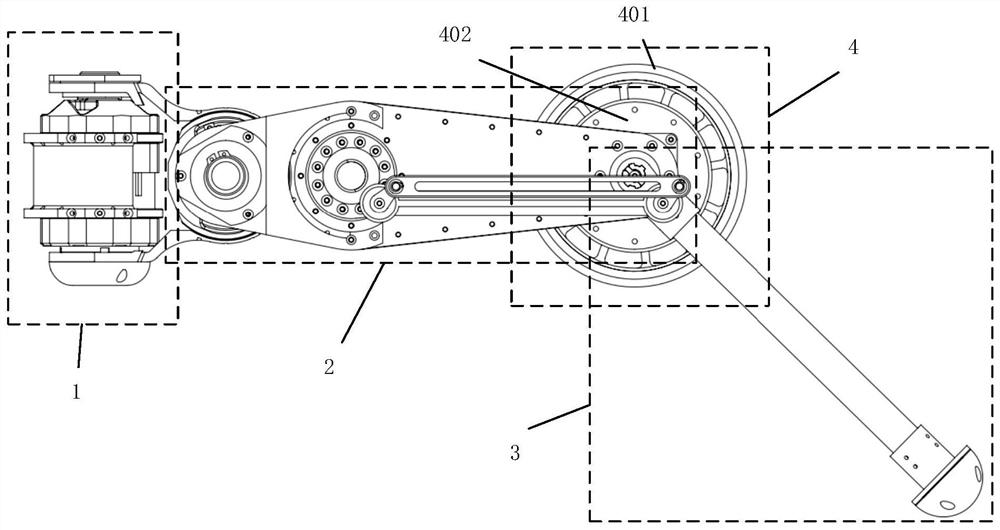 Single-leg device of double-parallel four-rod transmission mechanism and six-wheeled leg robot