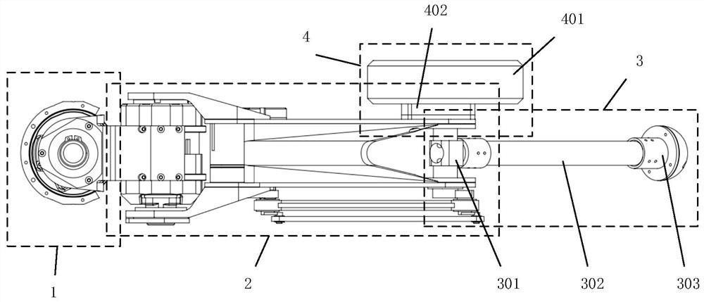 Single-leg device of double-parallel four-rod transmission mechanism and six-wheeled leg robot