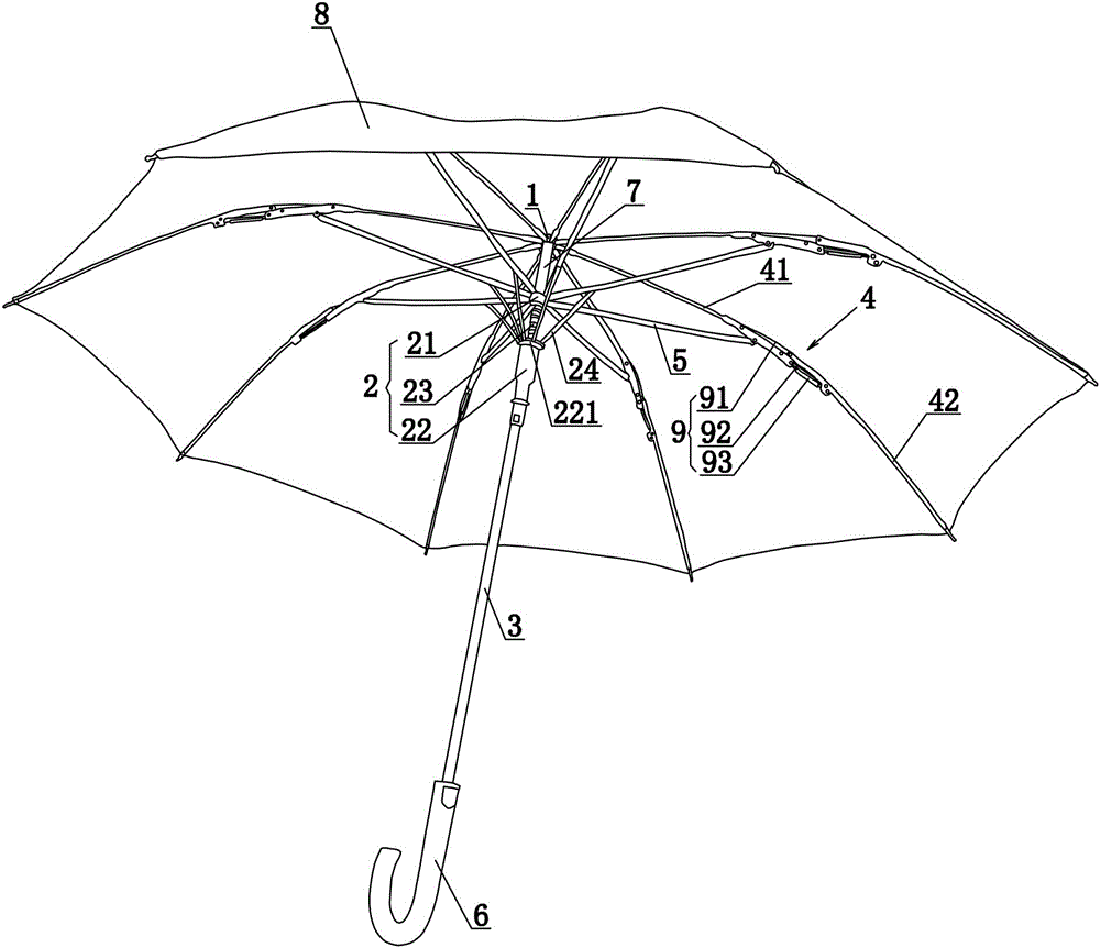 Self-energy-storing straight rib windproof self-recovery umbrella