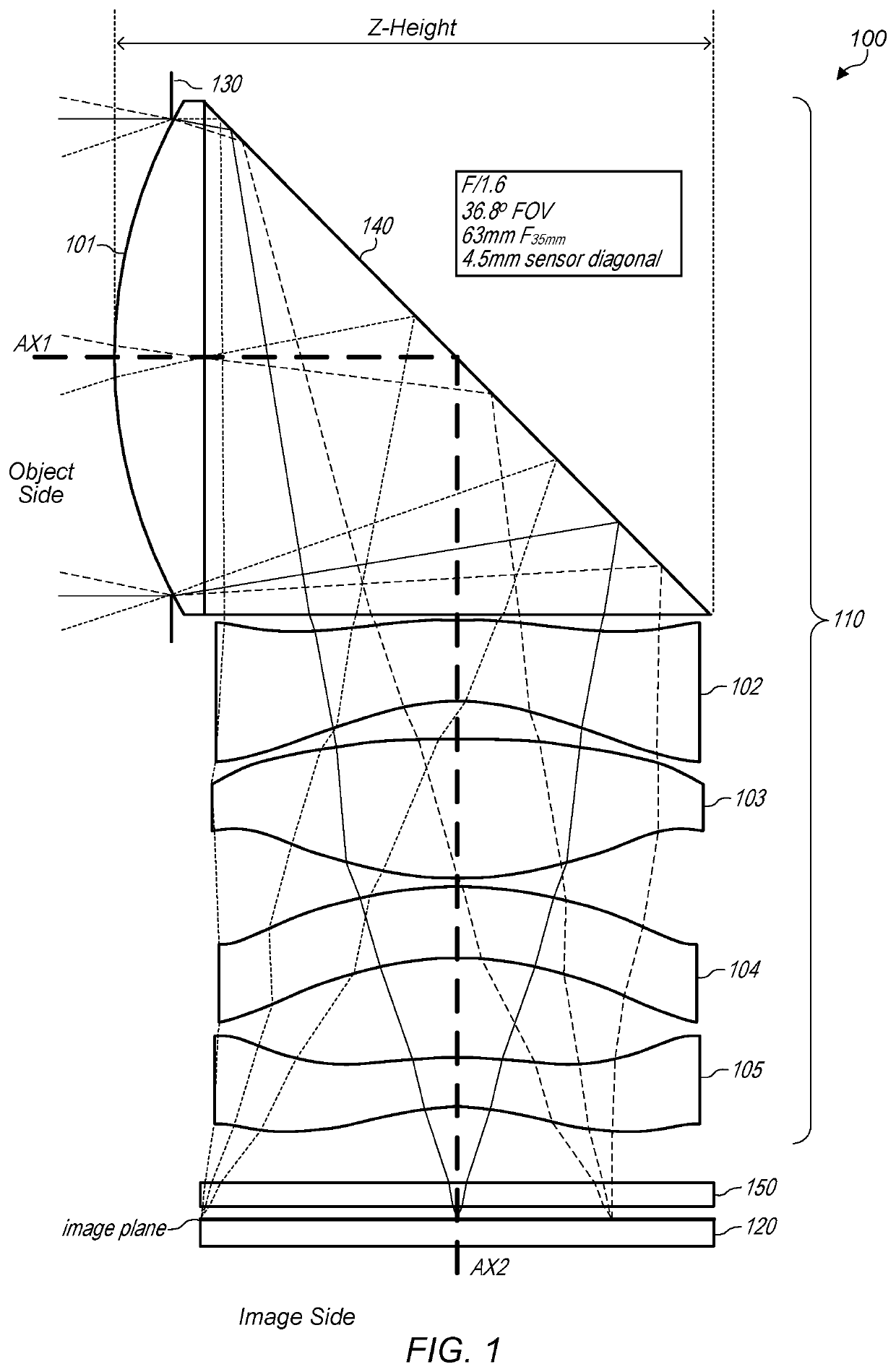 Folded lens system with five refractive lenses