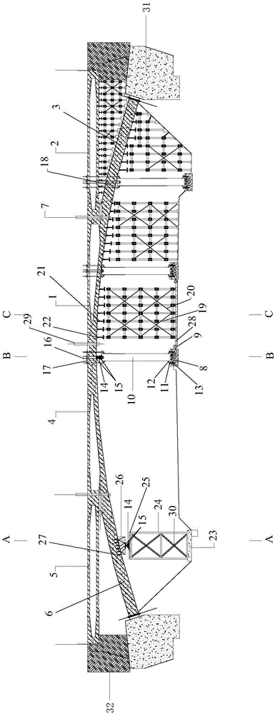 Framing demounting supporting structure of spandrelless arch bridge of over crossing operation highway and construction method