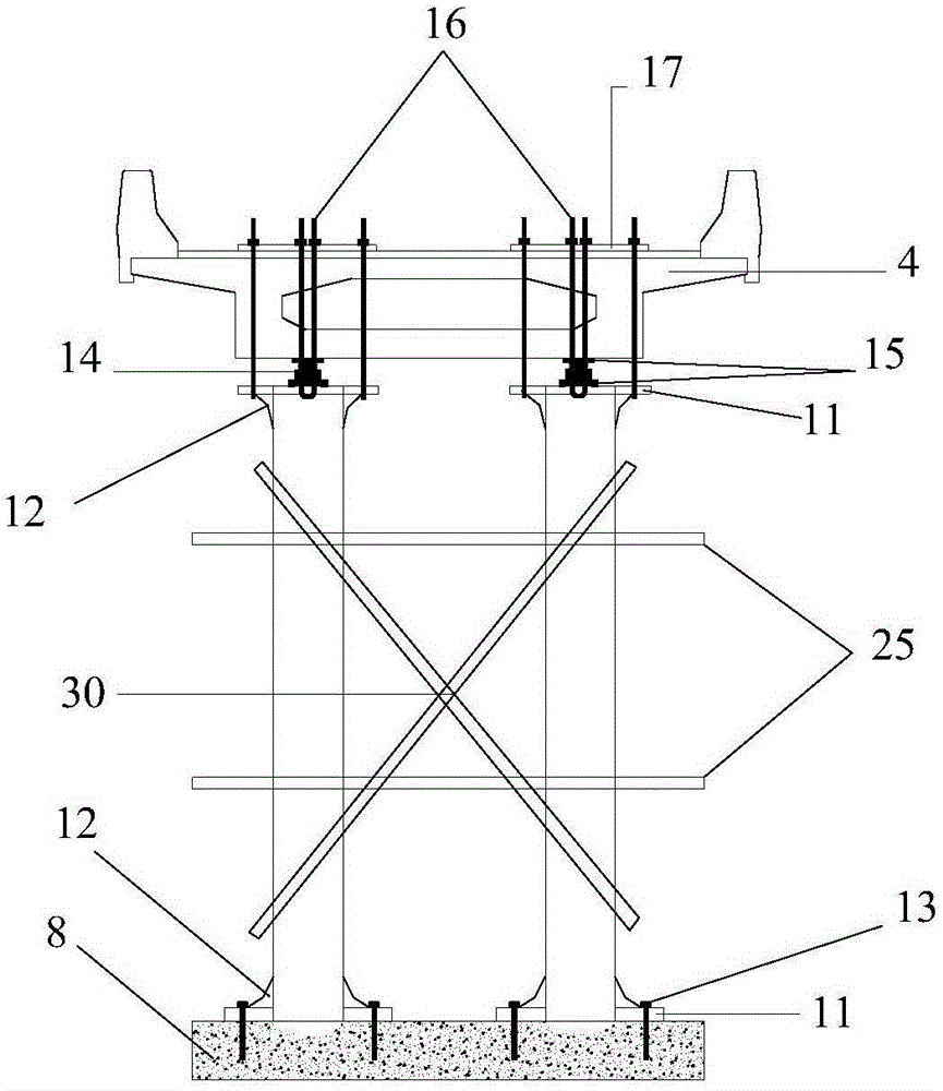 Framing demounting supporting structure of spandrelless arch bridge of over crossing operation highway and construction method