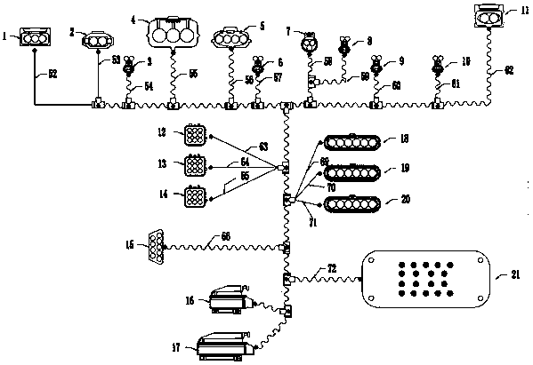 Engine wire harness of V-shaped sixteen-cylinder four-ECU electronic injection machine