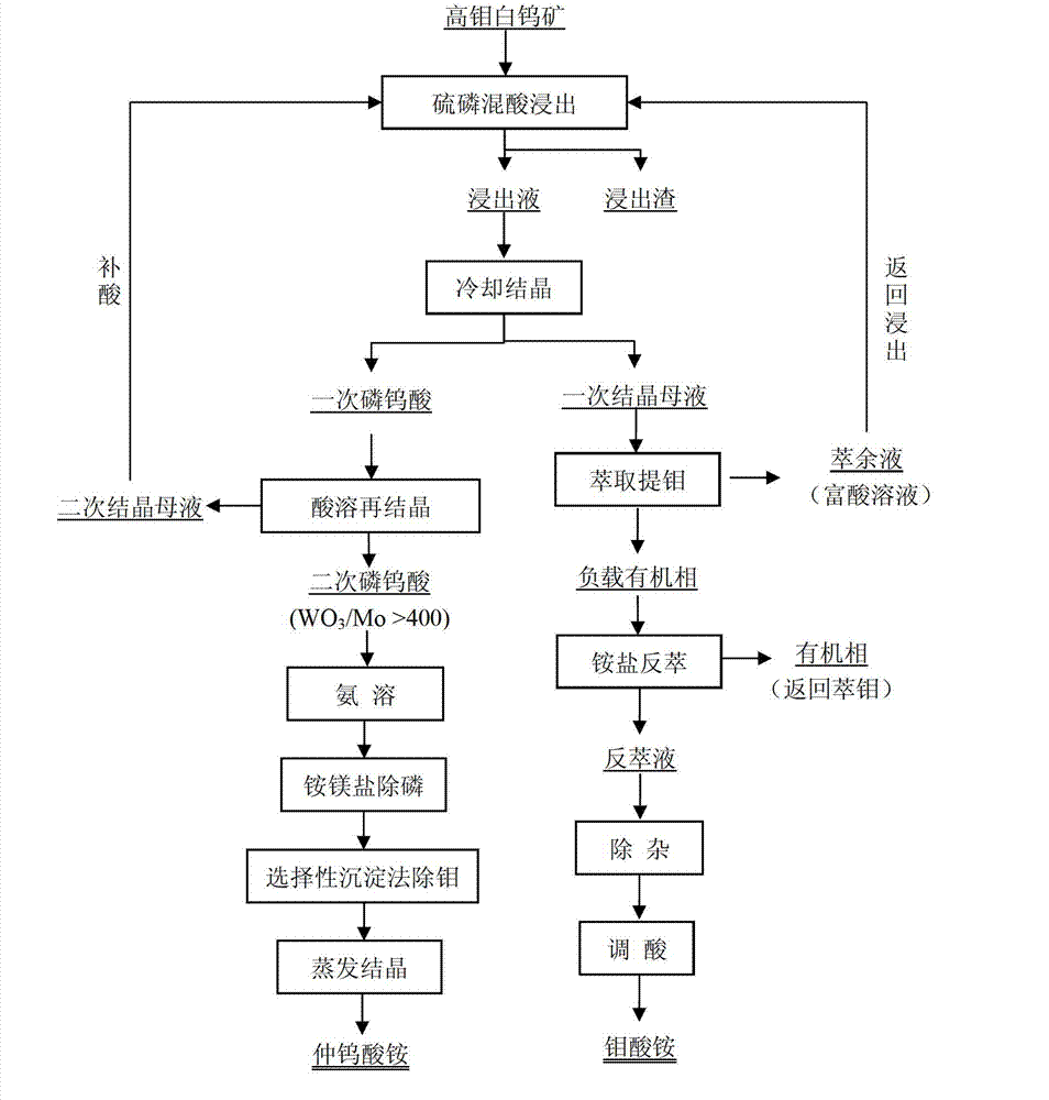 Method for extracting tungsten and molybdenum in high molybdenum scheelite