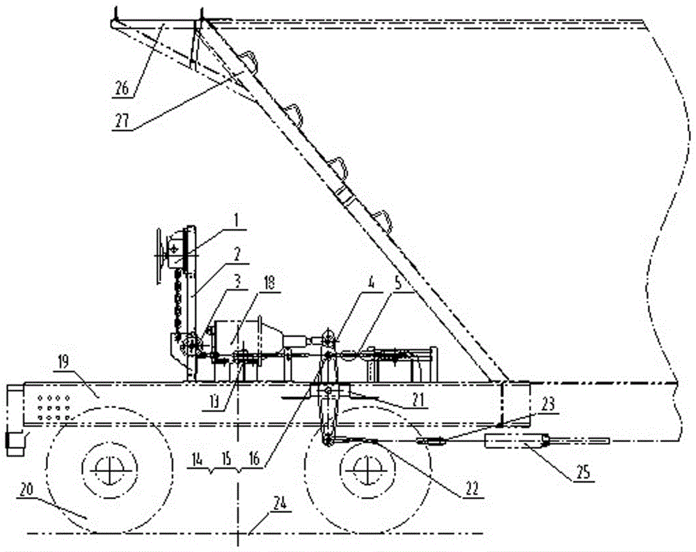 A hand brake device installed on the bottom frame of railway funnel car