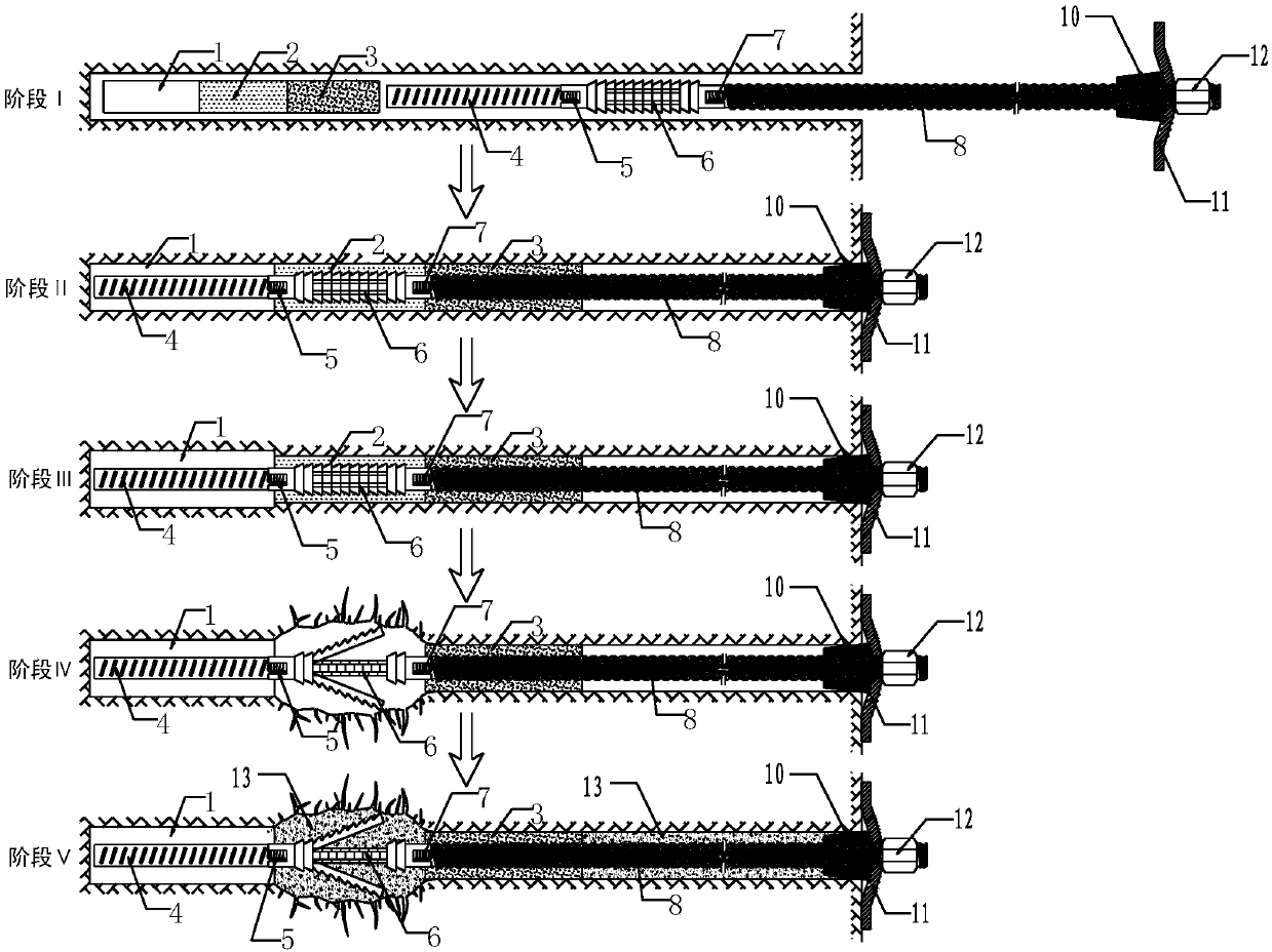 Full-length prestress anchor grouting supporting device and process capable of expanding internal anchor solids in combined mode