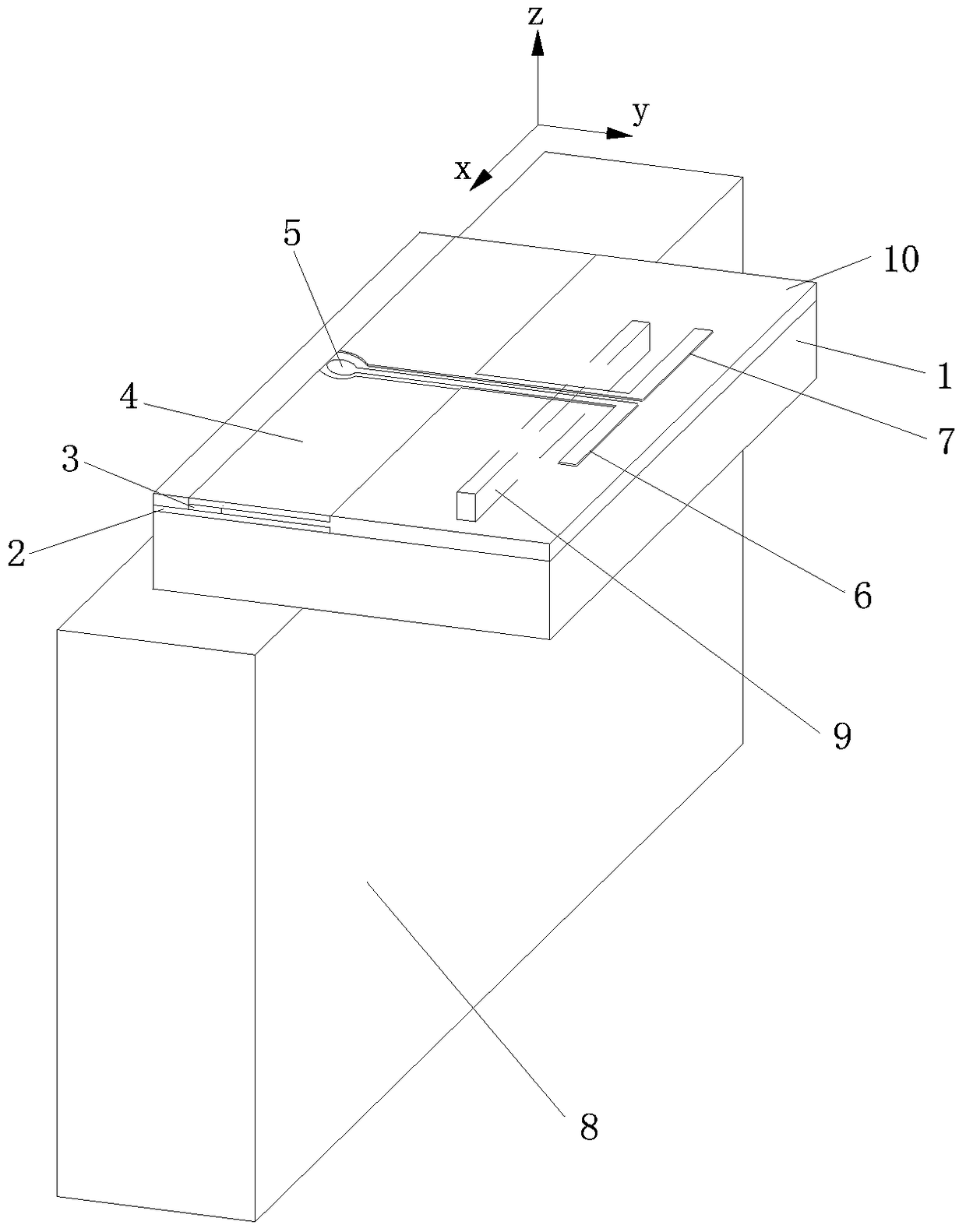 An end-fire antenna device mounted on a silicon substrate in the terahertz band