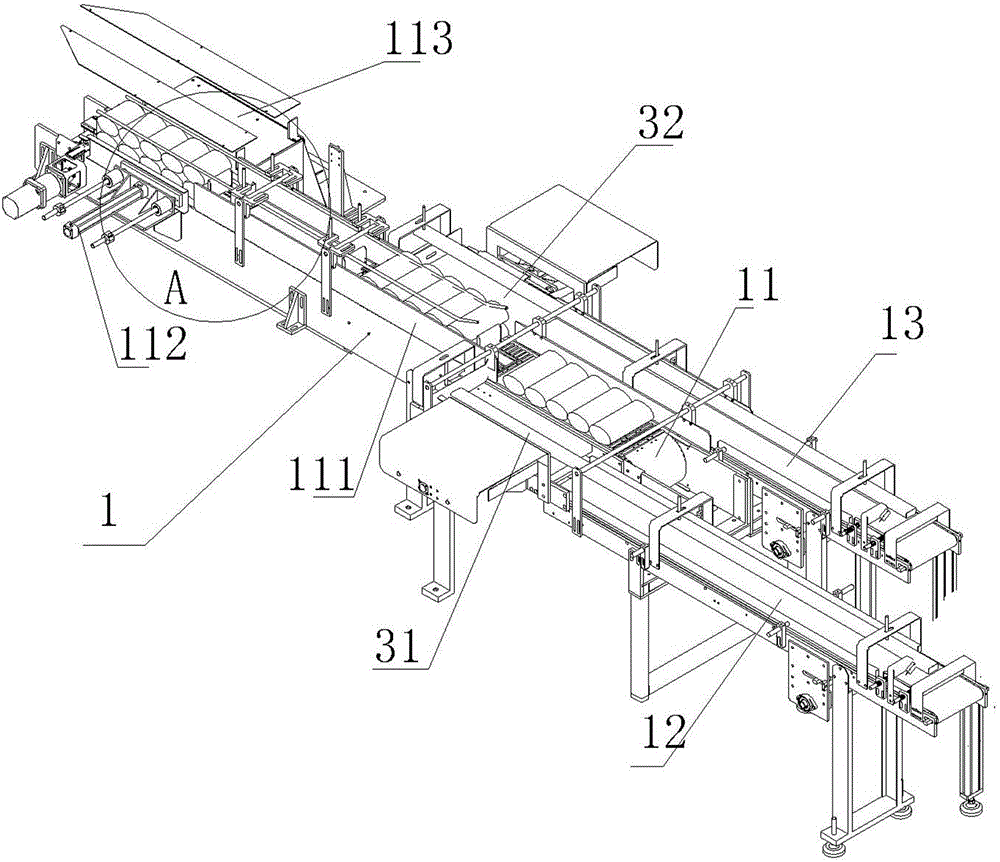 Material sorting and conveying device of a flat roll packaging machine