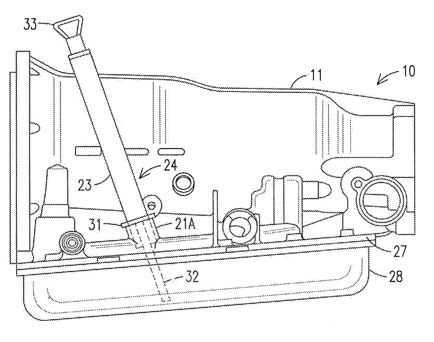 Transmission and transmission housing with multiple dipsticks and dipstick apertures, circumferentially positioned internal lugs and an adjacent fluid inlet port