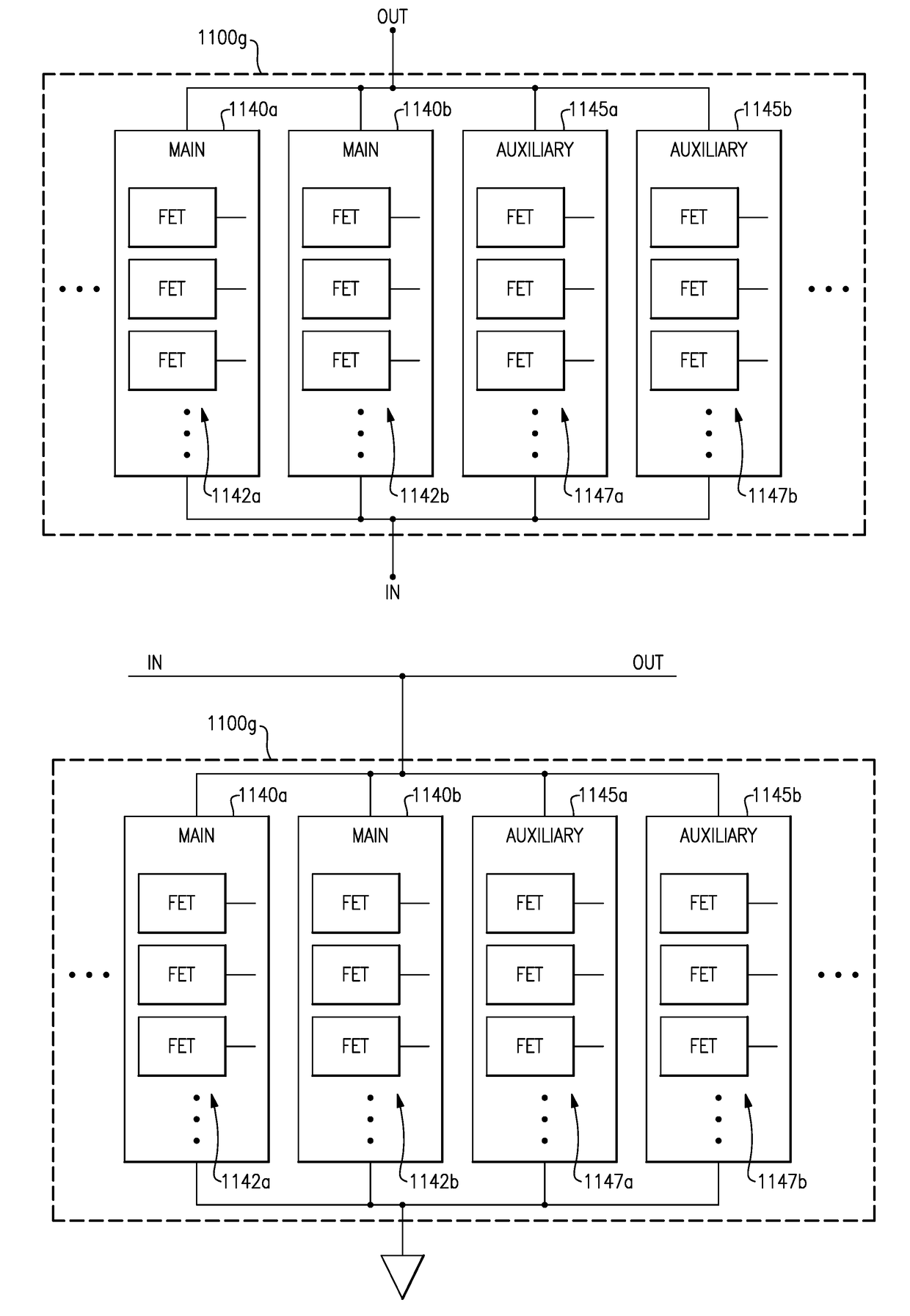 Stacked auxiliary field-effect transistor configurations for radio frequency applications