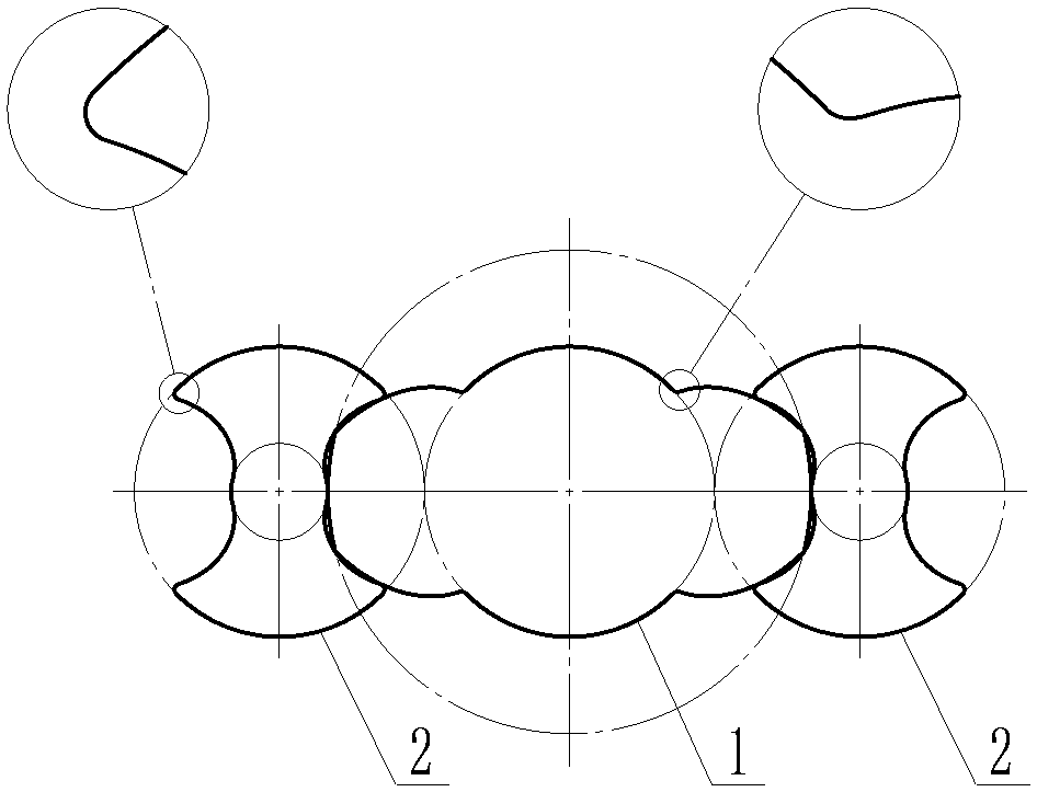 A three-screw screw with circular arc correction tooth shape