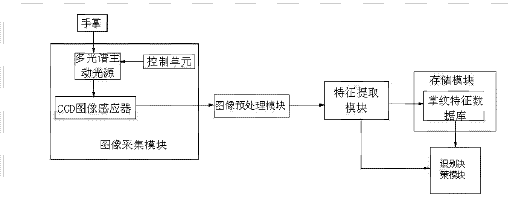 Low-resolution multi-spectral palm print and palm vein real-time identity recognition method and system