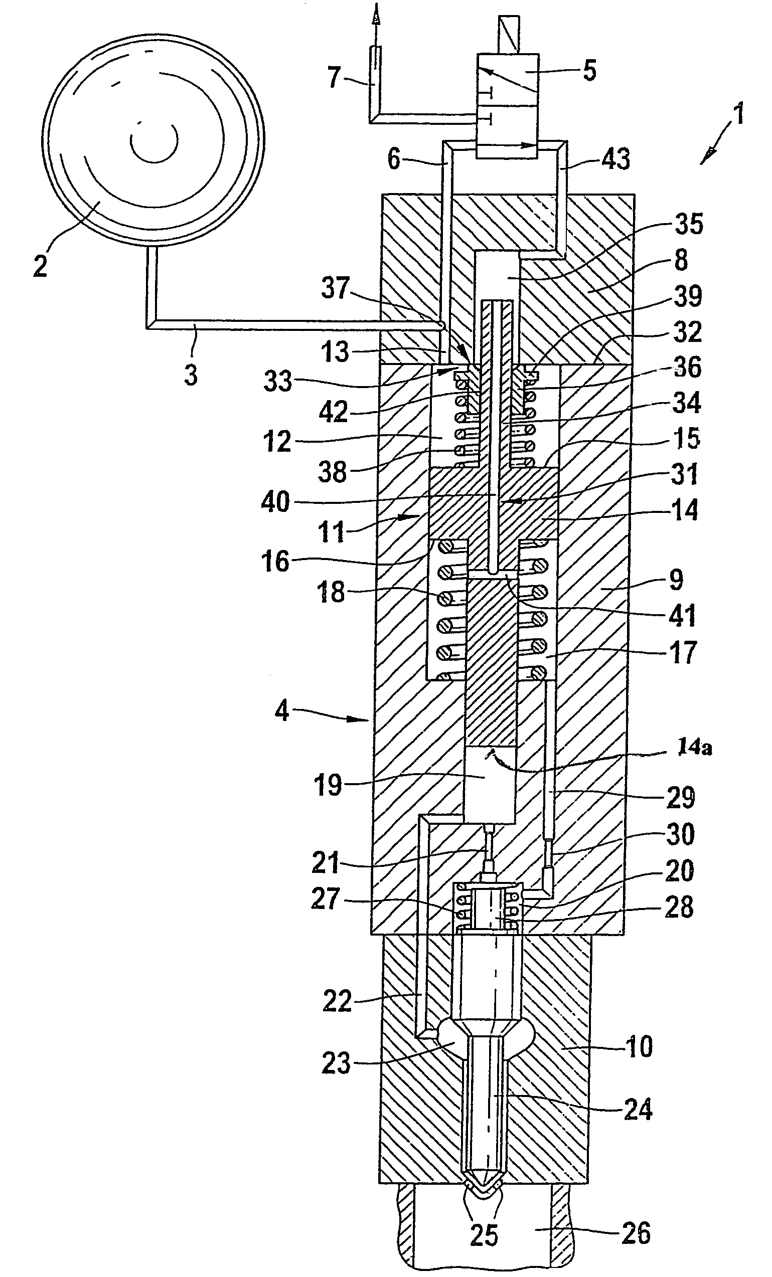 Pressure-boosted fuel injection device comprising an internal control line